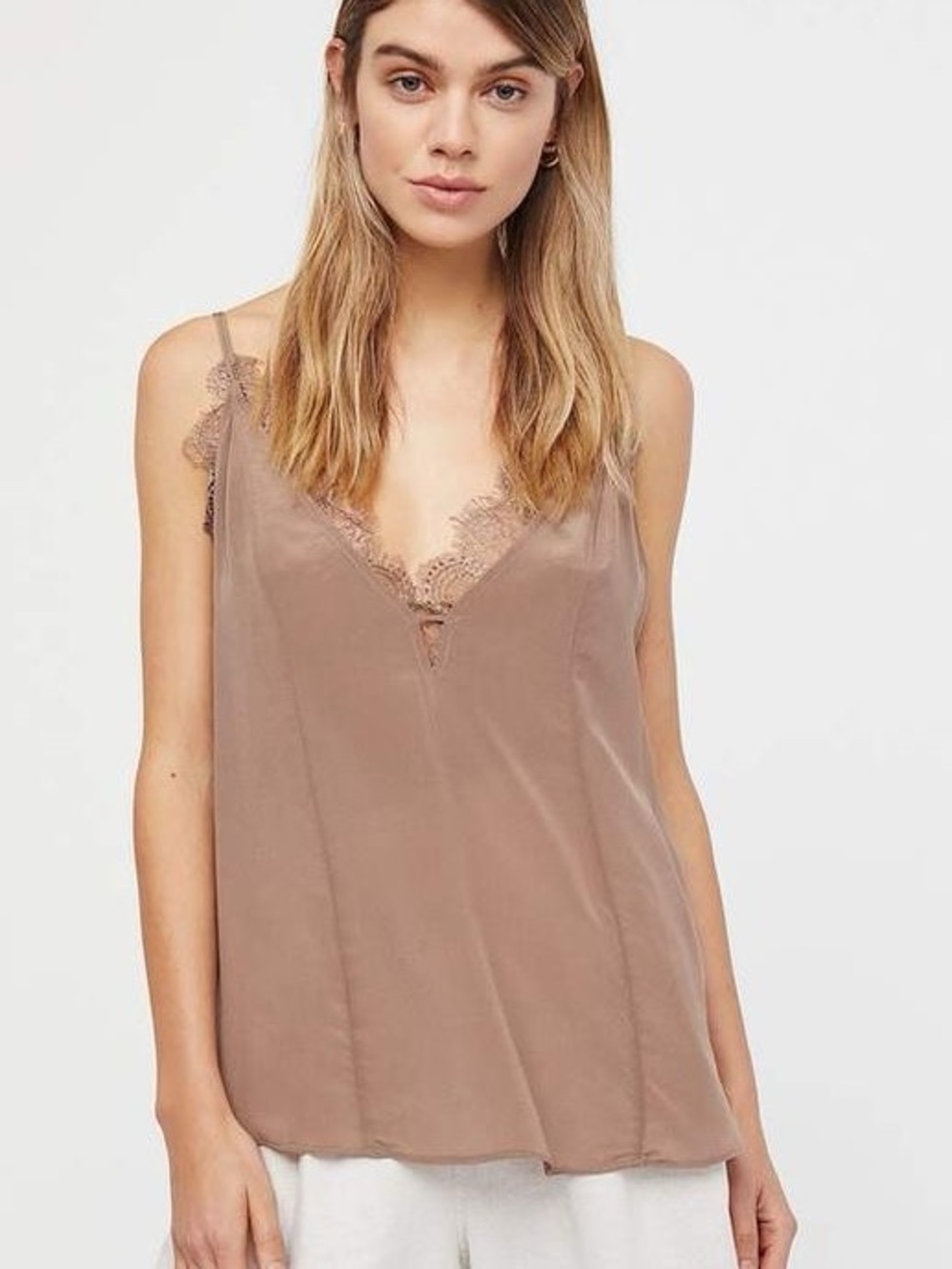 Intimately Free People Lace-Trim Silk Cami in Taupe